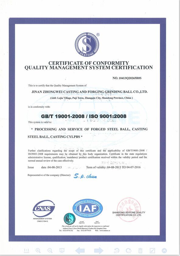ISO9001 : 2008 a forgé la boule de meulage